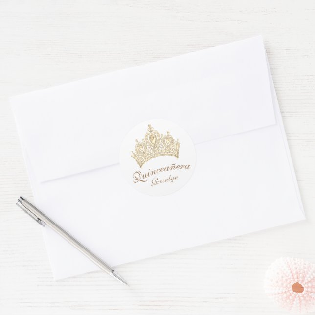  Chic Elegant Quinceañera Gold Crown Script Classic Round Sticker (Envelope)