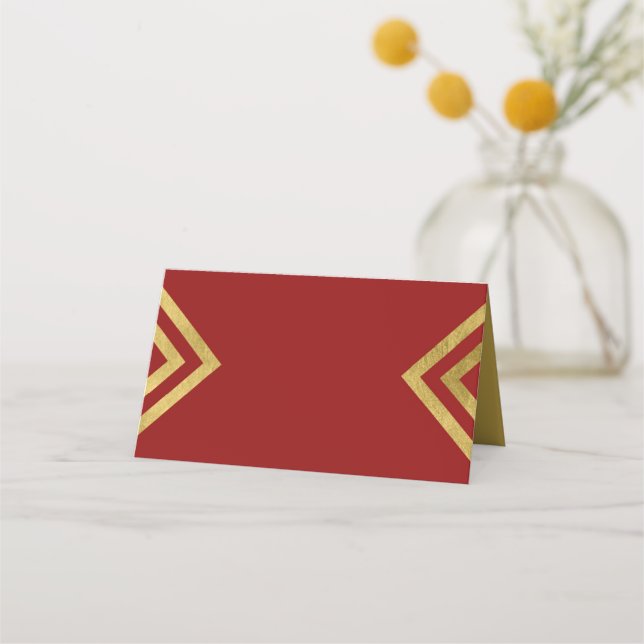 Chic Elegant Red and Faux Gold Geometric Place Card (Front)