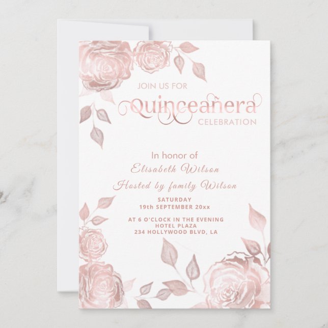 Chic elegant Rose Gold roses  Quinceañera  Invitation (Front)