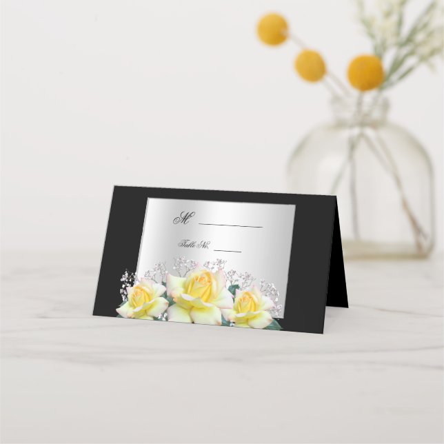 Chic Elegant Roses Silver Wedding Place Card (Front)