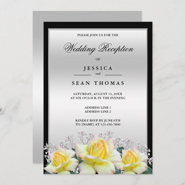 Chic Elegant Roses Silver Wedding Reception Invitation (Front/Back)