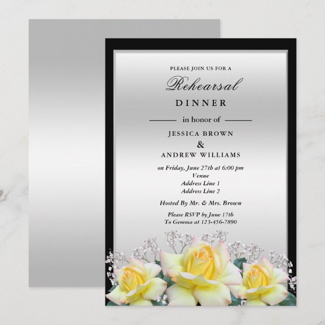 Chic Elegant Roses Silver Wedding Rehearsal Dinner Invitation (Front/Back)
