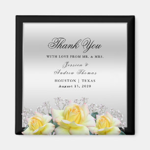 Chic Elegant Roses Silver Wedding Thank You Favour Magnet
