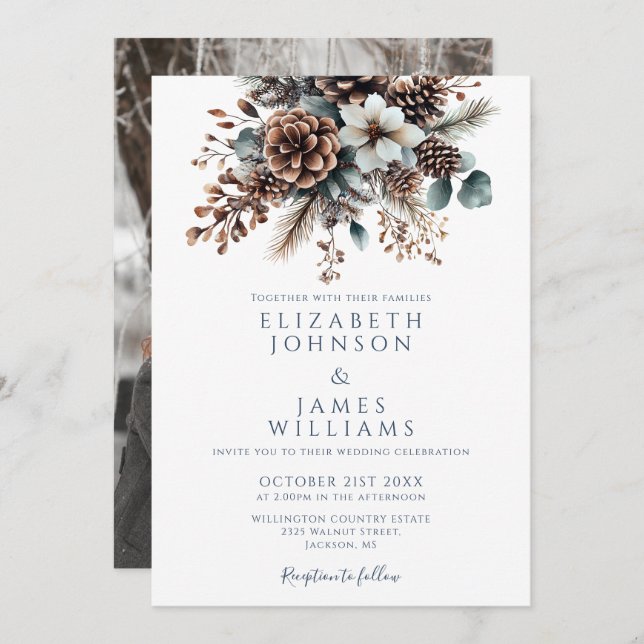 Chic Elegant Rustic Floral Pinecone Photo Wedding Invitation (Front/Back)