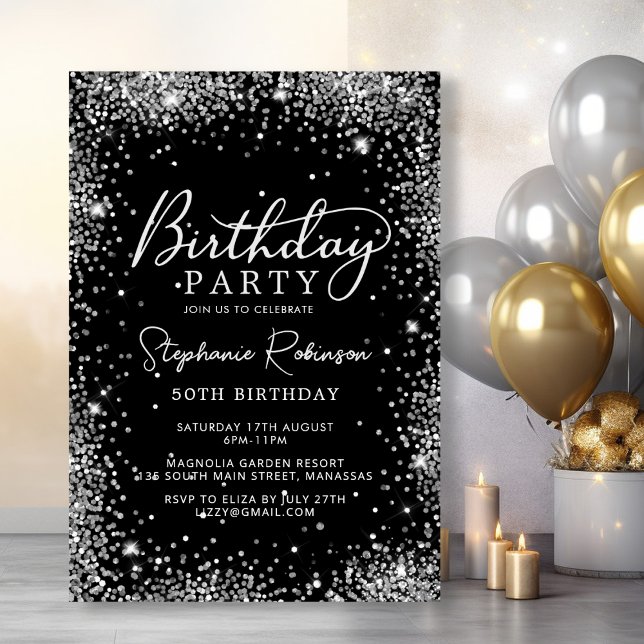 Chic Elegant Silver Glitter Black 50th Birthday Invitation (Creator Uploaded)
