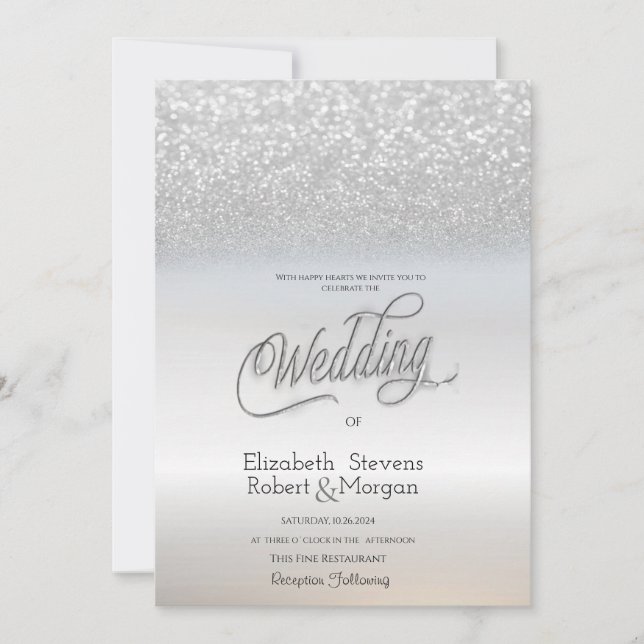 Chic Elegant Silver Glitter Bokeh Wedding  Invitation (Front)