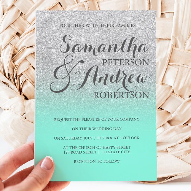 Chic elegant silver glitter mint green wedding invitation (Creator Uploaded)