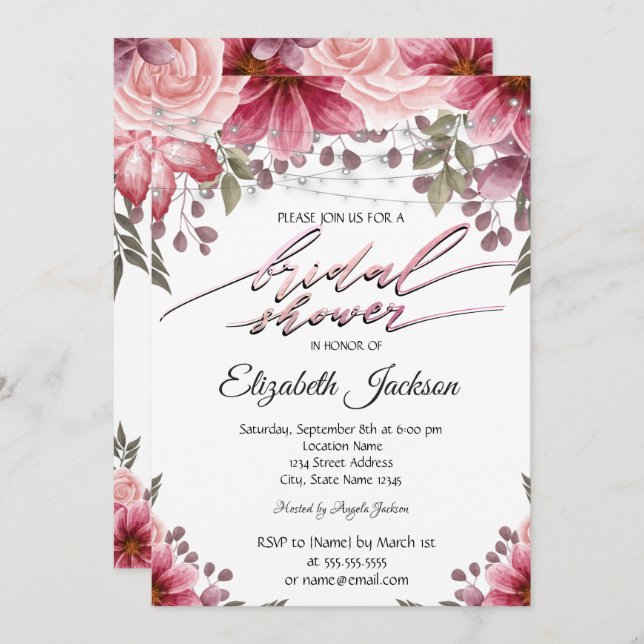 Chic Elegant String Lights Floral Bridal Shower Invitation (Front/Back)