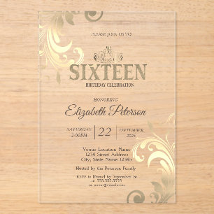Chic Elegant Swirls Gold Tiara Sweet 16 Acrylic Invitations