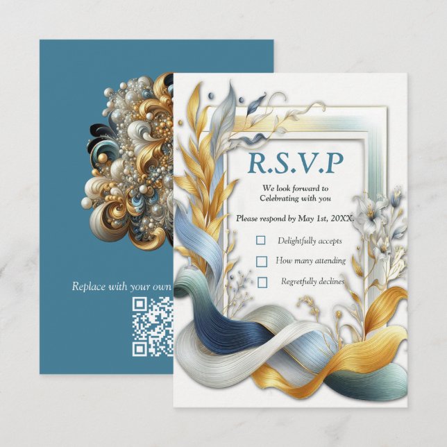 Chic Elegant Swirls in Gold, Silver, Blue, Yellow  RSVP Card (Front/Back)
