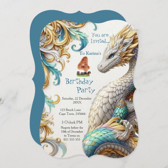 Chic Elegant Swirls in Gold, Silver Playful Dragon Invitation (Front/Back)