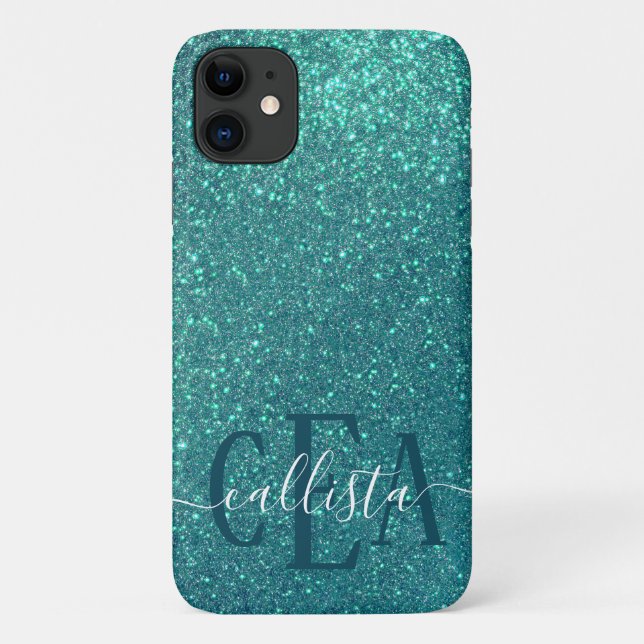 Chic Elegant Teal Blue Sparkly Glitter Monogram Case-Mate iPhone Case (Back)
