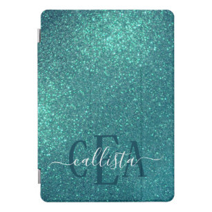 Chic Elegant Teal Blue Sparkly Glitter Monogram iPad Pro Cover