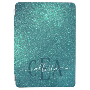 Chic Elegant Teal Blue Sparkly Glitter Monogram iPad Air Cover