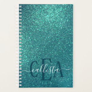 Chic Elegant Teal Blue Sparkly Glitter Monogram Planner