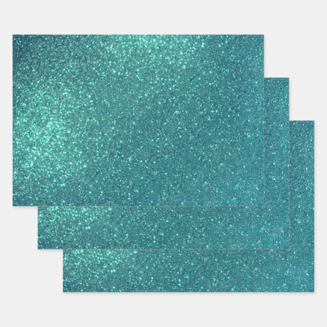 Chic Elegant Teal Blue Sparkly Glitter Wrapping Paper Sheet (Set)