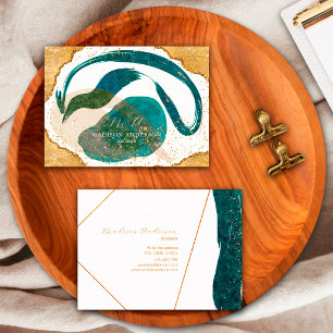 Chic Elegant Teal Gold Glitter Unique Watercolor Business Card