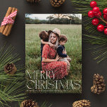 Chic Elegant Typography Merry Christmas One Photo Holiday Card<br><div class="desc">**Greeting colour is customisable** This elegant holiday photo card features one vertical "full-bleed" photo and a chic typography greeting which says "Merry Christmas". The back of the card is a coordinating grey and white diagonal stripe pattern, but can be removed or customised if desired. You can also add another photo...</div>