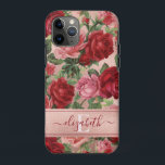 Chic Elegant Vintage Pink Red Roses Floral Name Case-Mate iPhone Case<br><div class="desc">Chic Elegant Vintage Pink Red Roses Floral Name Case-Mate iPhone Case Chic, Elegant, Vintage, Pink, Pale violet red, roses floral name phone case. Romantic, girly design an elegant vintage floral pink, pale violet red roses with green leaves pattern on rose gold background. You can customise with your name and monogram....</div>