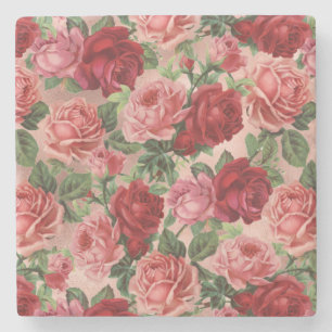 Chic Elegant Vintage Pink Red Roses Floral Stone Coaster