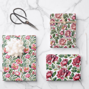 Chic Elegant Vintage Pink Red Roses Floral  Wrapping Paper Sheet