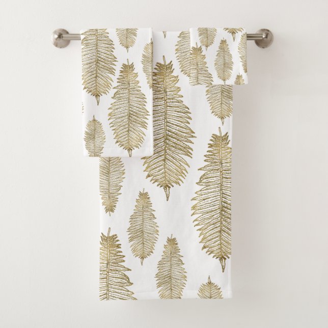 Chic Elegant White And Gold Fern Leaf Pattern Bath Towel Set (Insitu)