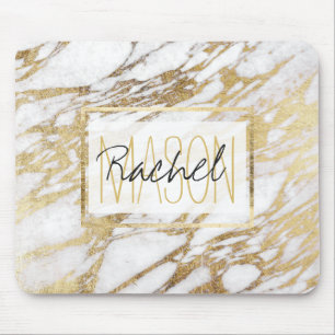 Chic Elegant White and Gold Marble Monogram Mouse Pad