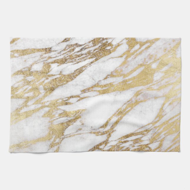 Chic Elegant White and Gold Marble Pattern Tea Towel (Horizontal)