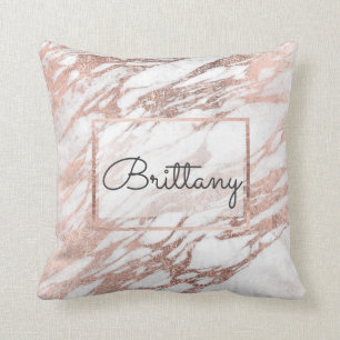Chic Elegant White and Rose Gold Marble Monogram Cushion