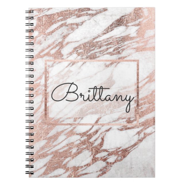 Chic Elegant White and Rose Gold Marble Monogram Spiral Notebook (Front)