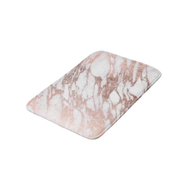 Chic Elegant White and Rose Gold Marble Pattern Bath Mat (Angled)