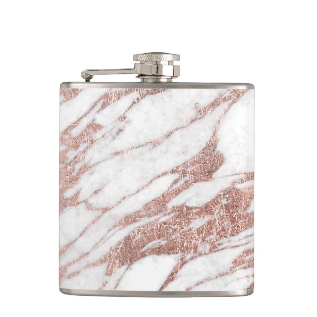 Chic Elegant White and Rose Gold Marble Pattern Hip Flask (Front)