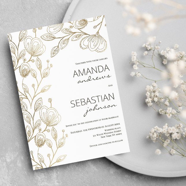 Chic elegant white gold lace floral theme wedding invitation (Chic elegant white gold lace floral theme wedding)