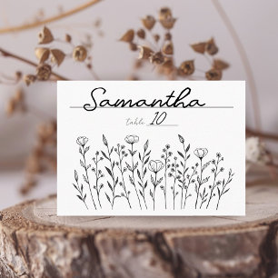 Chic Elegant Wildflower Line Art Simple Custom Place Card