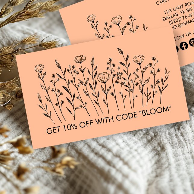 Chic Elegant Wildflowers Line Art Social Icons  Discount Card (Chic Elegant Wildflowers Line Art Social Icons Discount Card
Feminine ELegant Girly Business card)