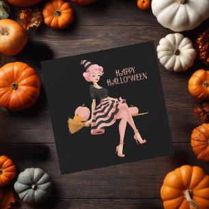 Chic Elegant Witch on Broom & Pumpkins Halloween Card