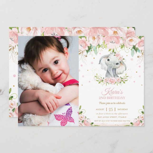 Chic Elephant Blush Pink Floral 1st Birthday Photo Invitation (Front/Back)