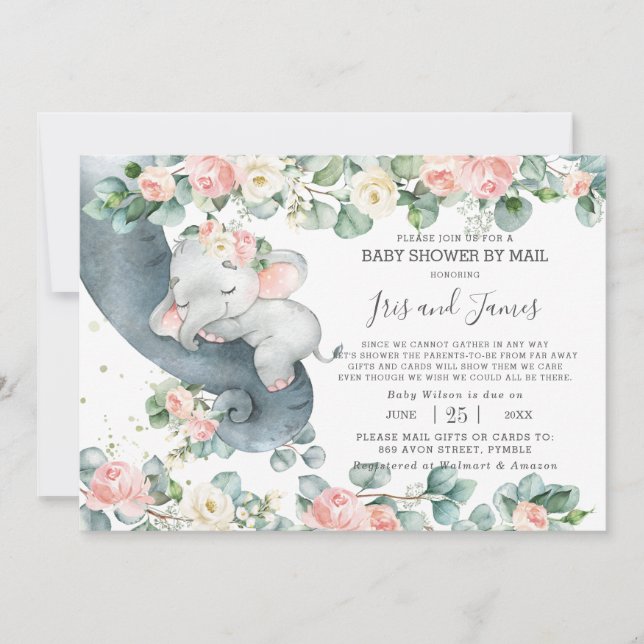 Chic Elephant Floral Virtual Baby Shower by Mail Invitation (Front)