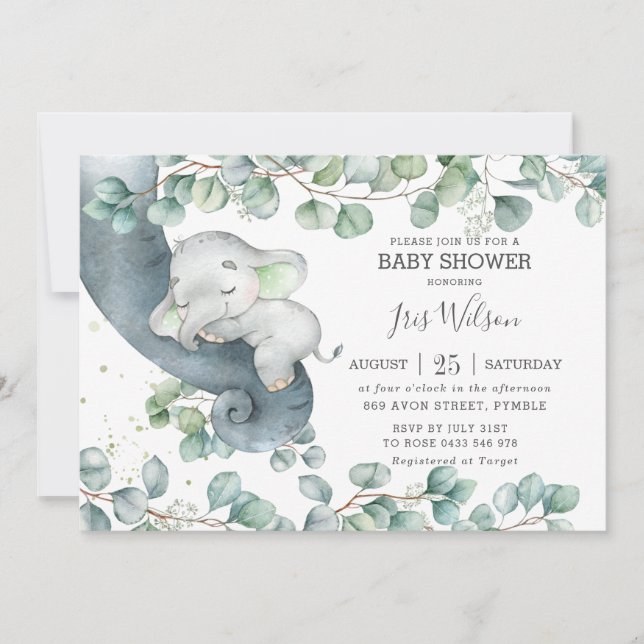 Chic Elephant Greenery Gender Neutral Baby Shower  Invitation (Front)
