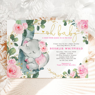Chic Elephant Pink Roses Greenery Girl Baby Shower Invitation