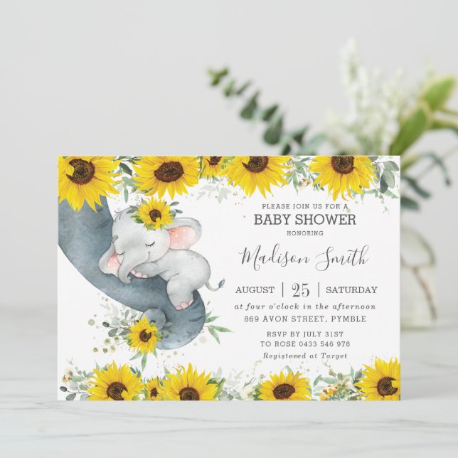 Chic Elephant Sunflower Floral Baby Shower Girl Invitation (Standing Front)