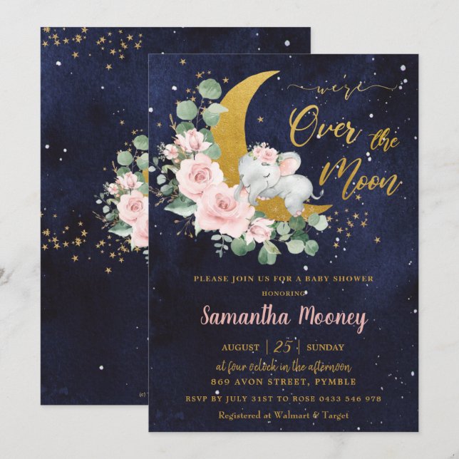 Chic Elephant We're Over the Moon Girl Baby Shower Invitation (Front/Back)