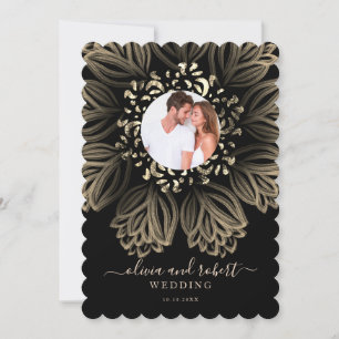 Chic Elgant Black and Gold Floral Photo Wedding Invitation