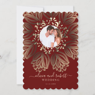 Chic Elgant Burgundy Gold Floral Photo Wedding Invitation