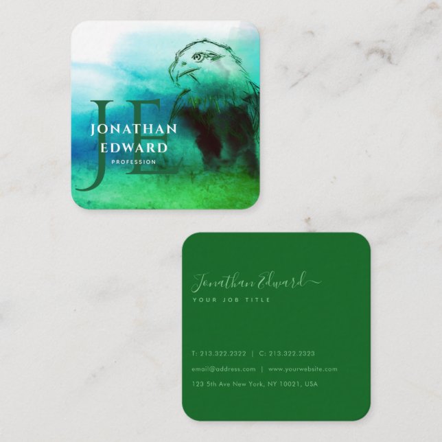 Chic Emerald American Bald Eagle Abstract Monogram Square Business Card (Front/Back)