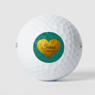 Chic Emerald Glitter Gold Heart Name Monogram Golf Balls
