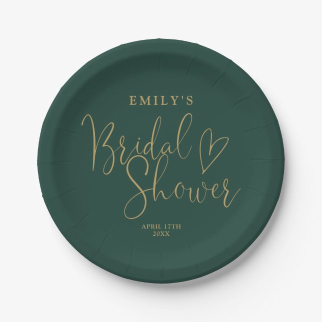 Chic Emerald Green and Gold Script Bridal Shower Paper Plate (Front)