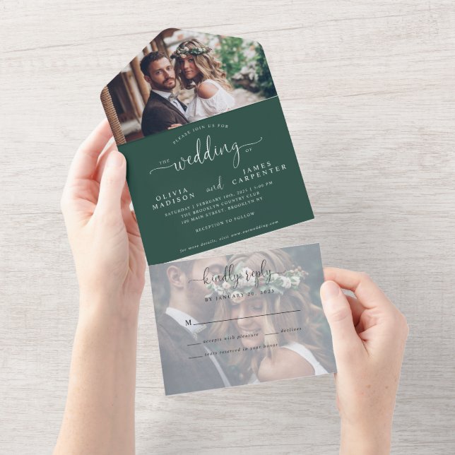 Chic Emerald Green Elegant Script 2 Photo Wedding All In One Invitation (Tearaway)