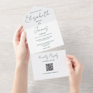 Chic Emerald Green Elegant Script QR Code Wedding All In One Invitation