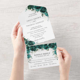 Chic Emerald Green Floral Flowers Wedding All In One Invitation